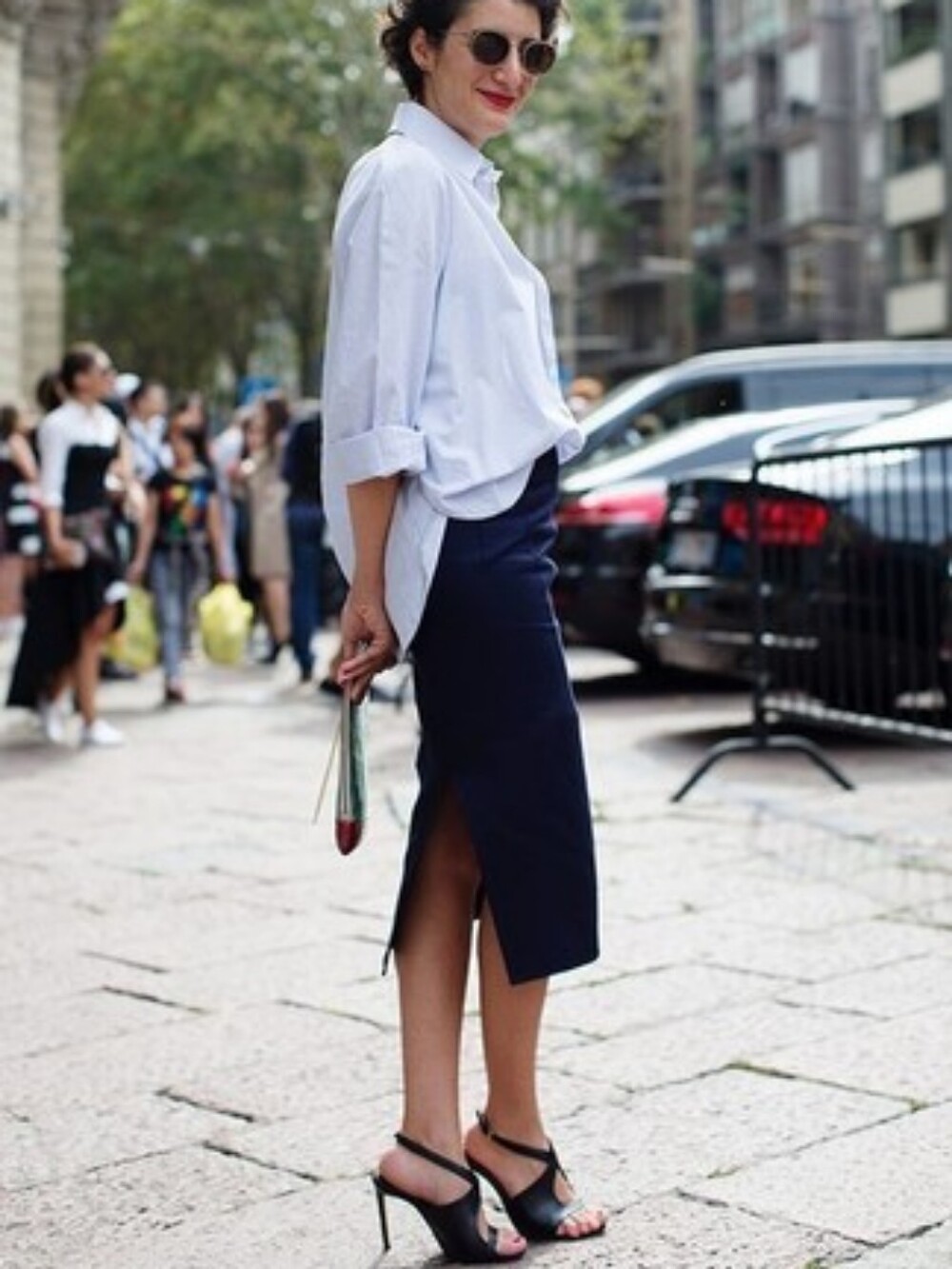 MNG Mango Navy Blue White Stripe Pencil Skirt Office Career Classic